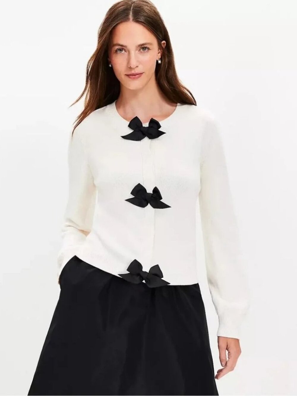 LOFT Cream Knit Cardigan Sweater Feminine Bow Front Size Large NWT